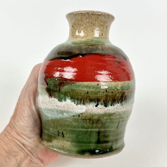 Studio Art Pottery Vase 5.5" Tall Fat Lava-Style Glaze Red/Green/Brown Signed - Picture 2 of 8